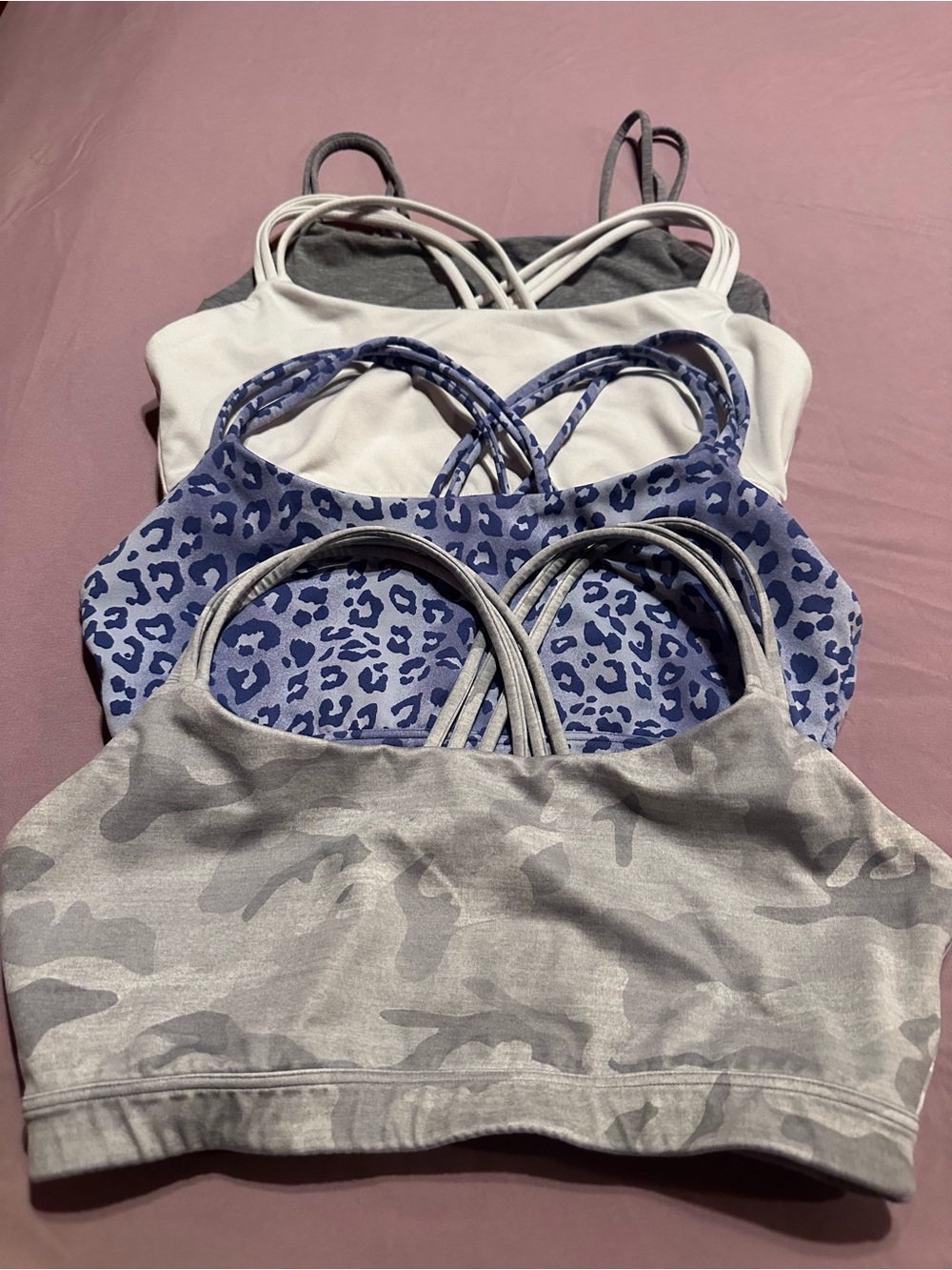 Gap Fit Women's Strappy Cami sports bras- Gray, Blue Leopard, White